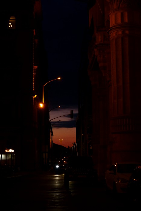 Sundown on the streets of Budapest.