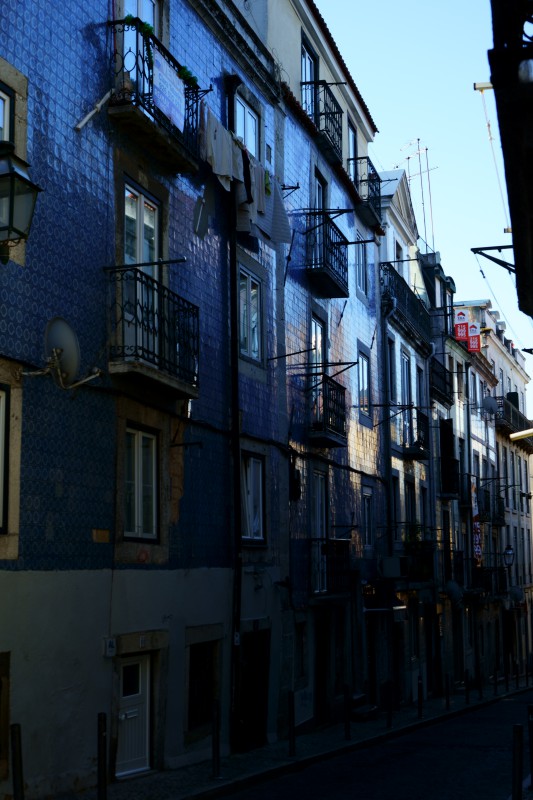 Reflections on a blue building.